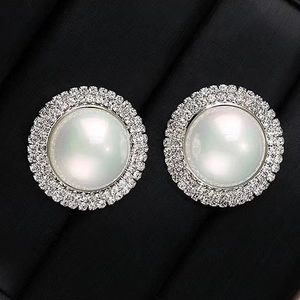 Elegant silver round pearl stud earrings with double rows of sparkling rhinestones