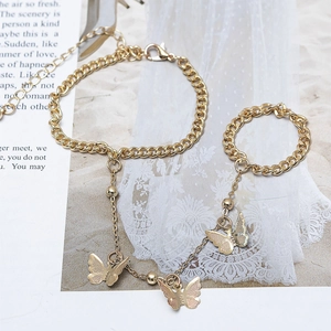 Vintage gold butterfly pendant bracelet ring combo with chunky Cuban chain and beads