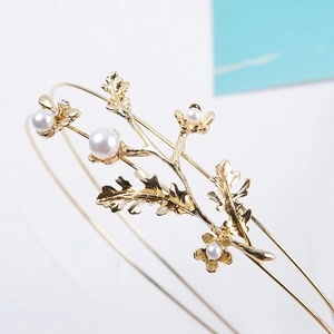 Serre-tête élégant double couche en branches dorées avec perles et strass femme