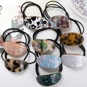 Vintage Acetate Marble Pattern Oval Hair Tie With Metal Edge Elastic Hair Rope For Women Elegant Hair Accessories