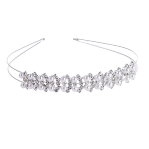 Elegant double-layered silver headband with white pearls and sparkling rhinestones