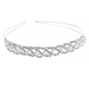 Detail view of the silver headband featuring woven rhinestones and white pearls