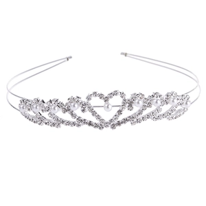 Elegant Silver Alloy Rhinestone Artificial Pearl Crown Headband For Bride Wedding Party Princess Style Heart Hair Band Women Accessory