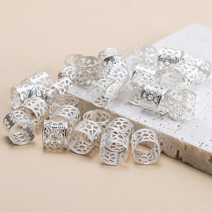 Set of silver hollow-out metal hair cuffs with mesh patterns for trendy dreadlock styling