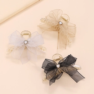 Élégante Grande Pince à Cheveux Nœud Papillon Femme Style Français Tissu Organza Résine Alliage Avec Décor Künstliche Perle Faux Cœur