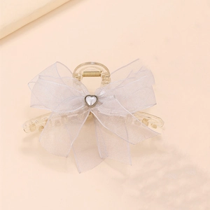Pince à cheveux élégante avec nœud en organza de style coréen et perle en forme de cœur