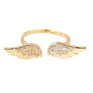 Anello aperto chic con ali d'angelo dorate e micro-pavé di cristalli rosa con finitura lucida