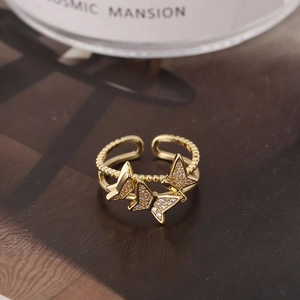 Bague ajustable papillon doré avec zircons et double anneau au style élégant et sophistiqué