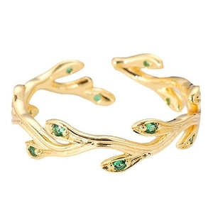 Verstellbarer goldener Ring im Reben-Design mit grünen Blättern aus Kristallglas