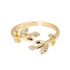 Elegant gold olive leaf open ring with sparkling white zircon stones for women