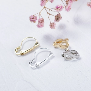 DIY jewelry earring accessories including gold and silver leverback hooks and clip-on converters