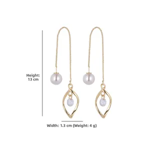 Elegant gold long drop earrings with white pearls and leaf-shaped rhinestone charms