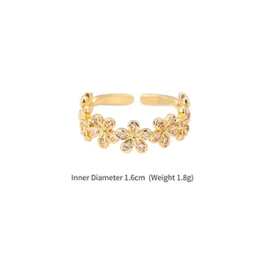 Anello aperto con fiori dorati in zircone per donna con fascia regolabile e cristalli
