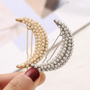 Vintage Moon Shape Hair Clip Elegant Simulated Artificial Pearl Alloy Metal Side Clip For Women Daily Party Elegant Hair Accessories