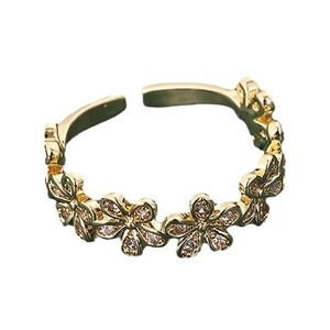 Anello aperto a fiori dorati con zirconi champagne, design elegante e misura regolabile