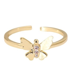 Bague ouverte papillon dorée ajustable avec trois pierres de zircone cubique
