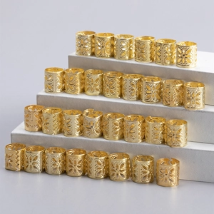Set of 30 vintage hollow gold metal braid rings and cuffs for bohemian hair styling