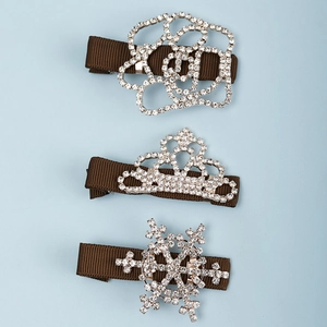 Lot de trois barrettes à cheveux élégantes en tissu marron avec motifs couronne et fleurs