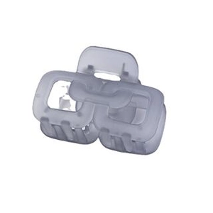 Close-up of matte grey-purple hair claw clip with frosted texture and hollow square design