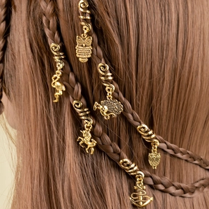 Retro Gold Alloy Spiral Hair Charms Owl Flamingo Unicorn Anchor And Peacock Braid Rings Dreadlock Accessories For Women