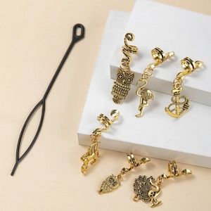 Antique gold owl and flamingo spiral hair rings set with styling needle tool