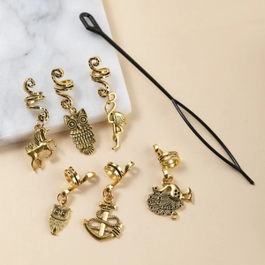 Golden alloy owl and animal charms spiral hair rings set for braids and dreadlocks