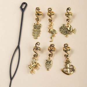 Antique gold owl and flamingo spiral hair braid charms set with black threading tool