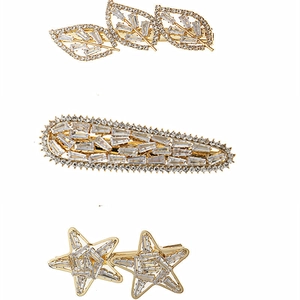 Lot de 3 barrettes dorées avec feuilles, étoiles et formes ovales ornées de zircons