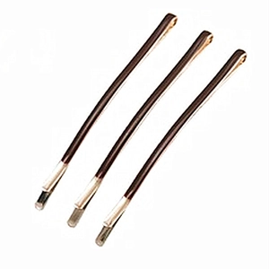 Three bronze metal elastic threaders with silver ferrules for sewing on white background