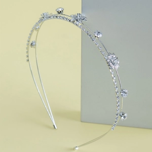 Serre-tête argenté à double couche avec fleurs en zircone et strass brillants