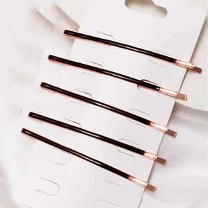 Set of 5 minimalist black enamel bar hair clips with rose gold metallic finish