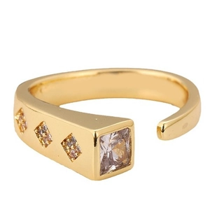Modern 18K gold-plated adjustable open ring with geometric square stones and crystals