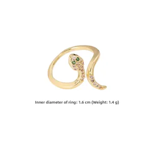 Detail view of gold snake ring with zircon stones, 1.6cm inner diameter and 1.4g weight