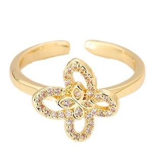 Funkelnder vergoldeter verstellbarer Ring mit floralem Kleeblatt und Zirkonia-Besatz