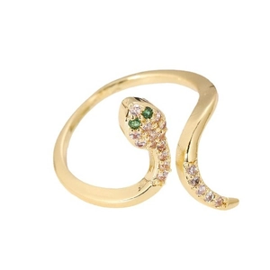 Snake shaped open ring with sparkling cubic zirconia and green gem eyes in gold finish