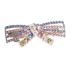 Exquisite bow hair clip with colorful rhinestones on a gold alloy spring clasp