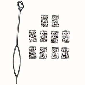 Set of 10 silver filigree hair rings and one metal threading needle tool for dreadlocks
