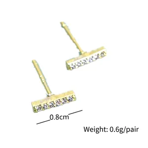 Minimalist S925 sterling silver bar earrings with inlaid zircons in a gold finish