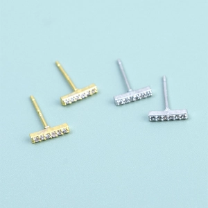 Minimalist S925 silver bar stud earrings with sparkling cubic zirconia in gold and silver