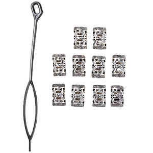 Set of 10 vintage silver dreadlock beads with hollow patterns and black hair threading tool