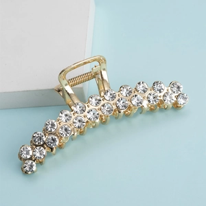Eleganter goldener Haarclip in Mondform mit doppelreihigen Kristallen und Perlen