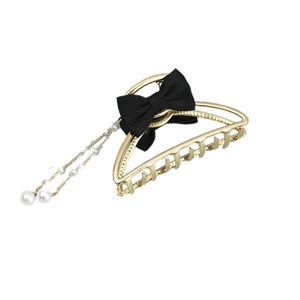 Elegant gold claw clip with black mesh bow and dangling pearl fringe tassels