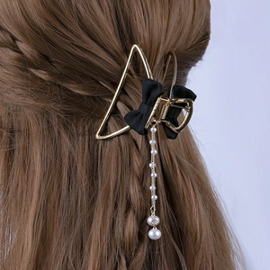 Elegant Alloy Mesh Bowknot Hair Claw Clip With Artificial Pearl Tassel Gold Plated Metal Shark Clip For Women Hair Styling Accessories