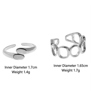 Minimalist silver geometric open rings with inner diameter and weight details displayed