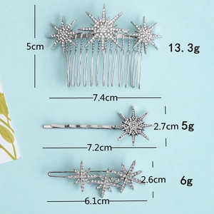 Detailed dimensions and weight for silver starburst hair clip and comb set with rhinestones