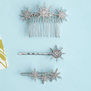 Silver snowflake star hair pin set with sparkling rhinestones for women