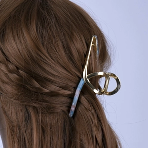 Large Gold Alloy Hair Claw Clip With Blue Marble Acetate Inlay Korean Geometric Shark Hair Clip For Women Daily Styling