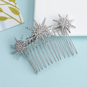 Elegant silver hair comb featuring three sparkling rhinestone stars for party hairstyle
