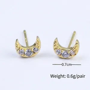 Mini S925 silver crescent moon stud earrings with zircon stones and beaded edges