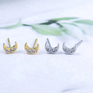 Minimalist s925 silver moon stud earrings with zircon crystals in gold and silver